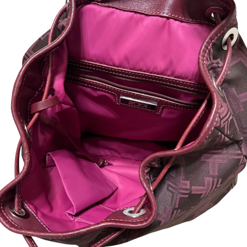 Tumi Burgundy Monogram Nylon Backpack Tote Leather Trim Travel Bag Medium - Picture 11 of 13
